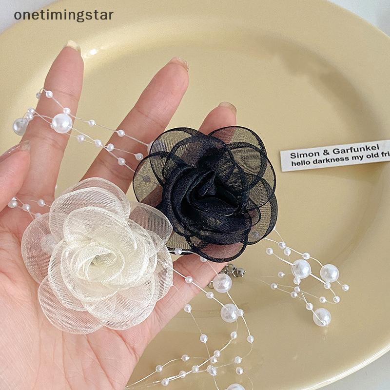 สร้อยคอมุกและดอกแคมелиอา สไตล์โรแมนติก สีดำสีขาว สำหรับฤดูร้อน OMS