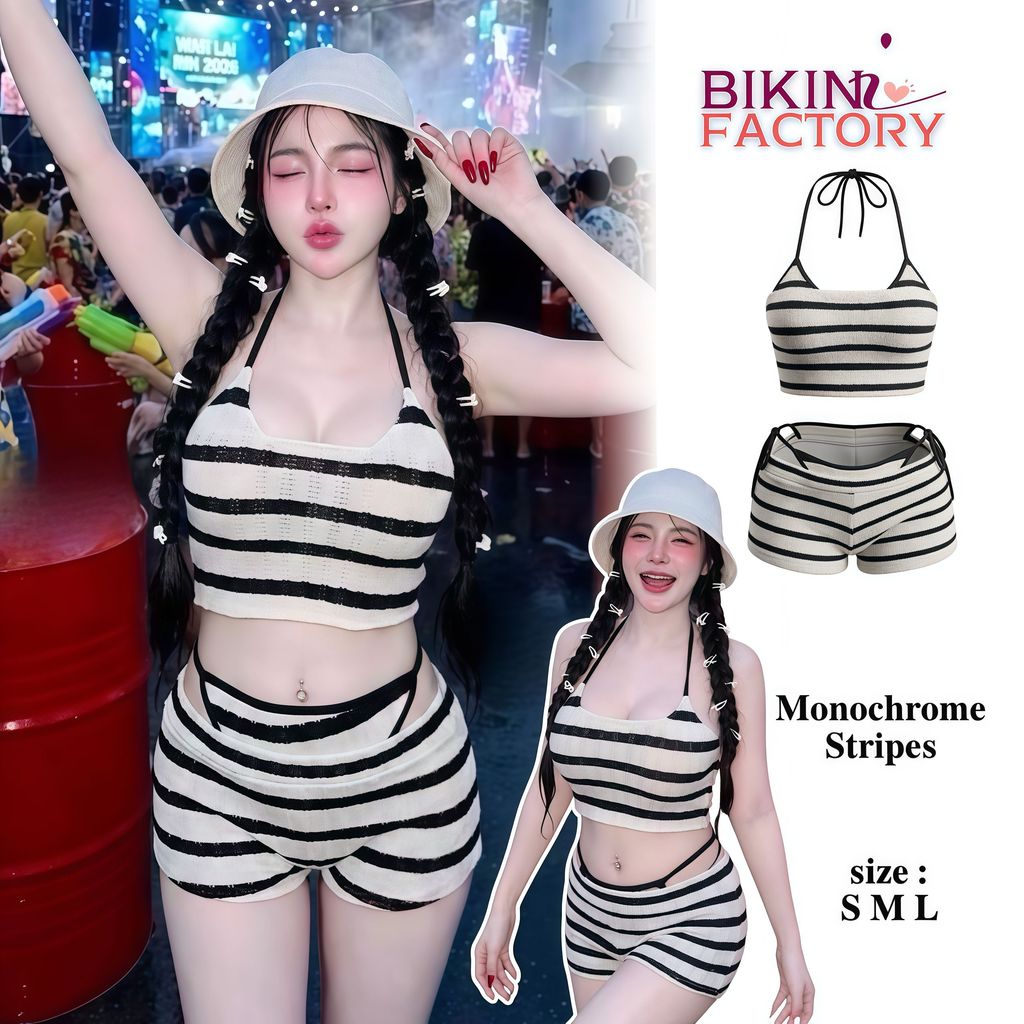 BIKINI FACTORY ชุดว่ายน้ำ 3ชิ้น บิกินี่ทูพีช ไหมพรมลายขวางบิกินี่+เกาะอก+กางเกงมีฟองน้ำ ฟรีไซส์ อก24-36นิ้ว พร้อมส่งY778