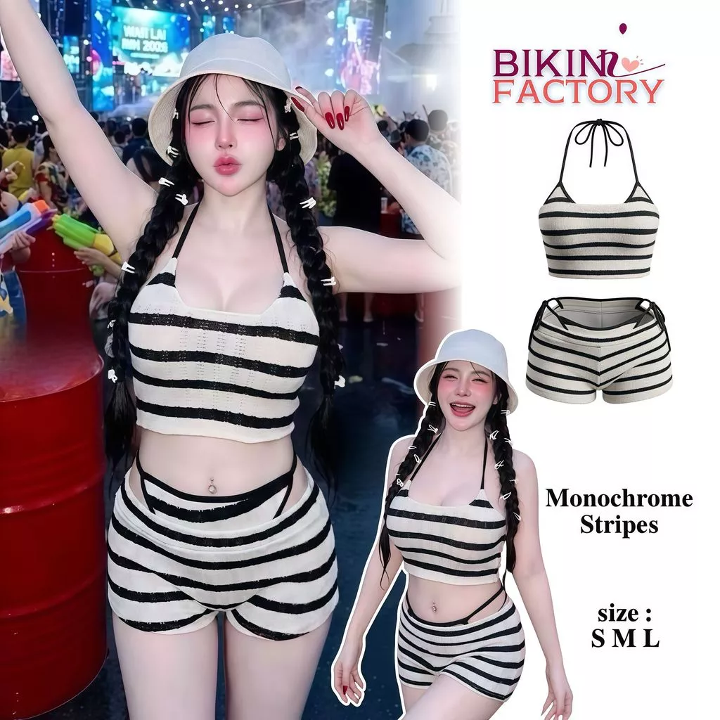BIKINI FACTORY ชุดว่ายน้ำ 3ชิ้น บิกินี่ทูพีช ไหมพรมลายขวางบิกินี่+เกาะอก+กางเกงมีฟองน้ำ🎳ฟรีไซส์ อก24-36นิ้ว พร้อมส่งY778