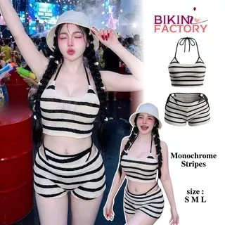 BIKINI FACTORY ชุดว่ายน้ำ 3ชิ้น บิกินี่ทูพีช ไหมพรมลายขวางบิกินี่+เกาะอก+กางเกงมีฟองน้ำ🎳ฟรีไซส์ อก24-36นิ้ว พร้อมส่งY778
