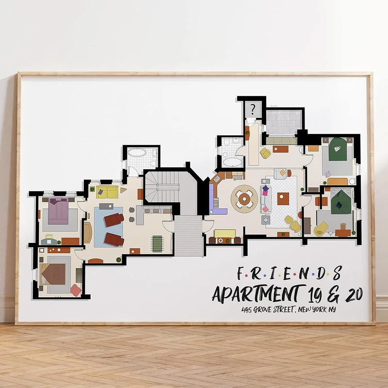 Friends TV Show Apartment Floor Plan Wall Art พิมพ์โปสเตอร์,เค้าโครงห้องเพื่อน,ภาพวาดผ้าใบ,ตกแต่งบ้าน