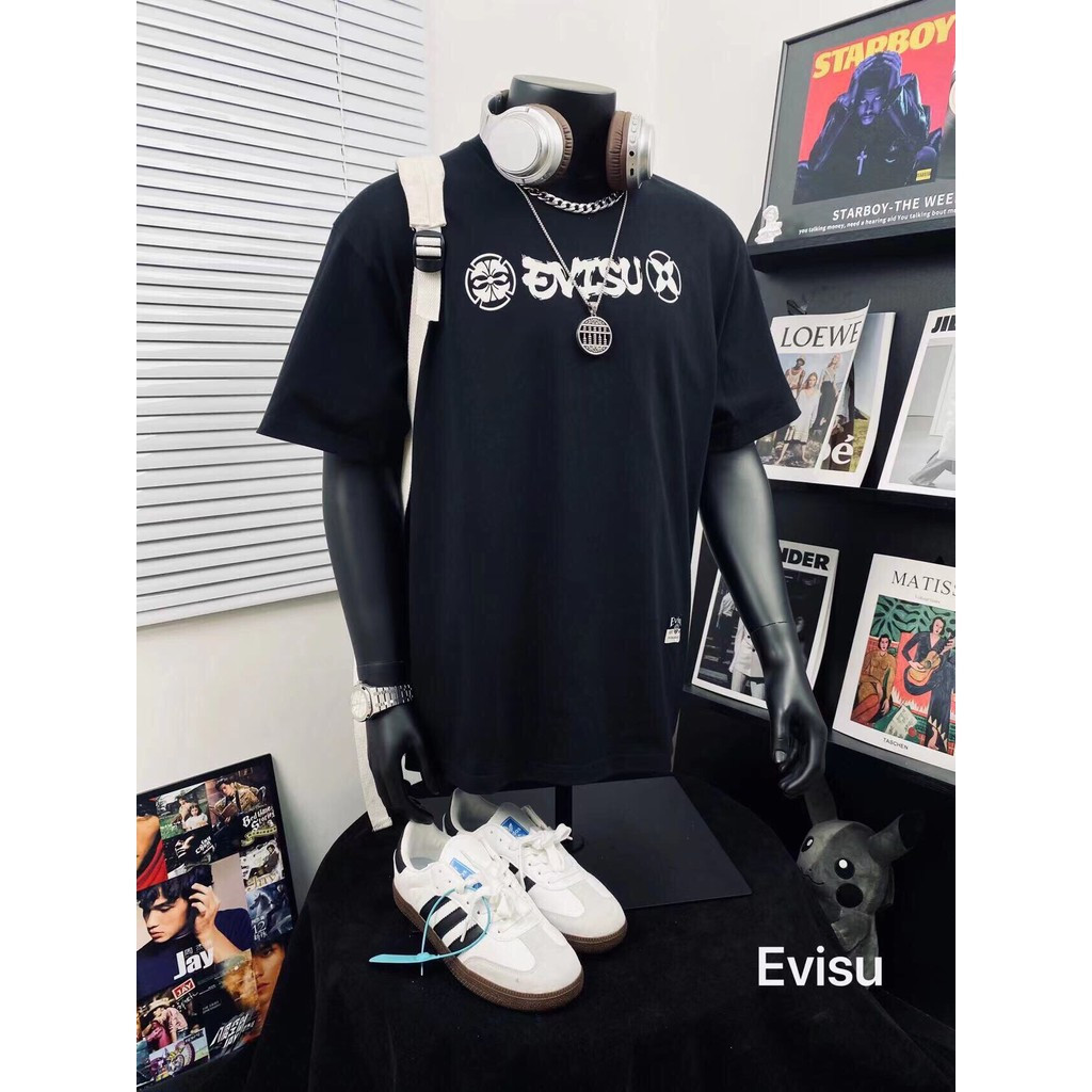 EVISU/Fushen/6XL คลาสสิกรอบคอแขนสั้นเสื้อยืดผู้ชายผู้หญิงสไตล์ขนาดใหญ่กลางแจ้งง่ายกีฬา Slim-fit โลโก