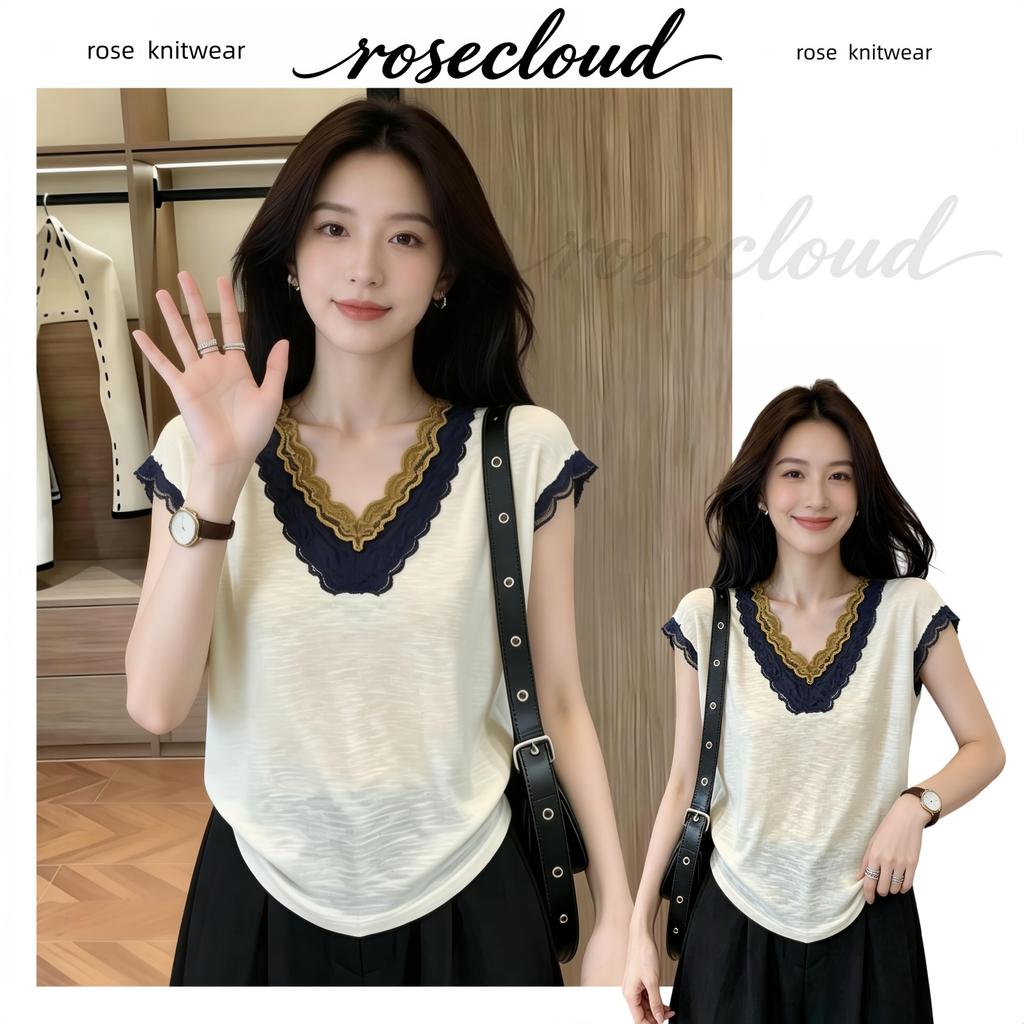 rosecloud เสื้อกล้ามผู้หญิงไซส์ใหญ่สไตล์ยุโรป คอวี แต่งลูกไม้ ดีไซน์แพทช์เวิร์ค รุ่นใหม่ชั้มเมอร์ 2026 ทรงหลวม