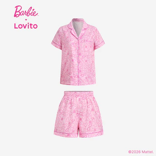 (New Arrival) Barbie™ X Lovito เสื้อท็อปสีชมพูผู้หญิง ฤดูใบไม้ผลิ/ร้อน แขนสั้น คอปก เอวกลาง ขากว้าง กระดุมหน้า ขอบสีตัดกันและกระเป๋า เกาหลี อินเทรนด์ LBL5AD023