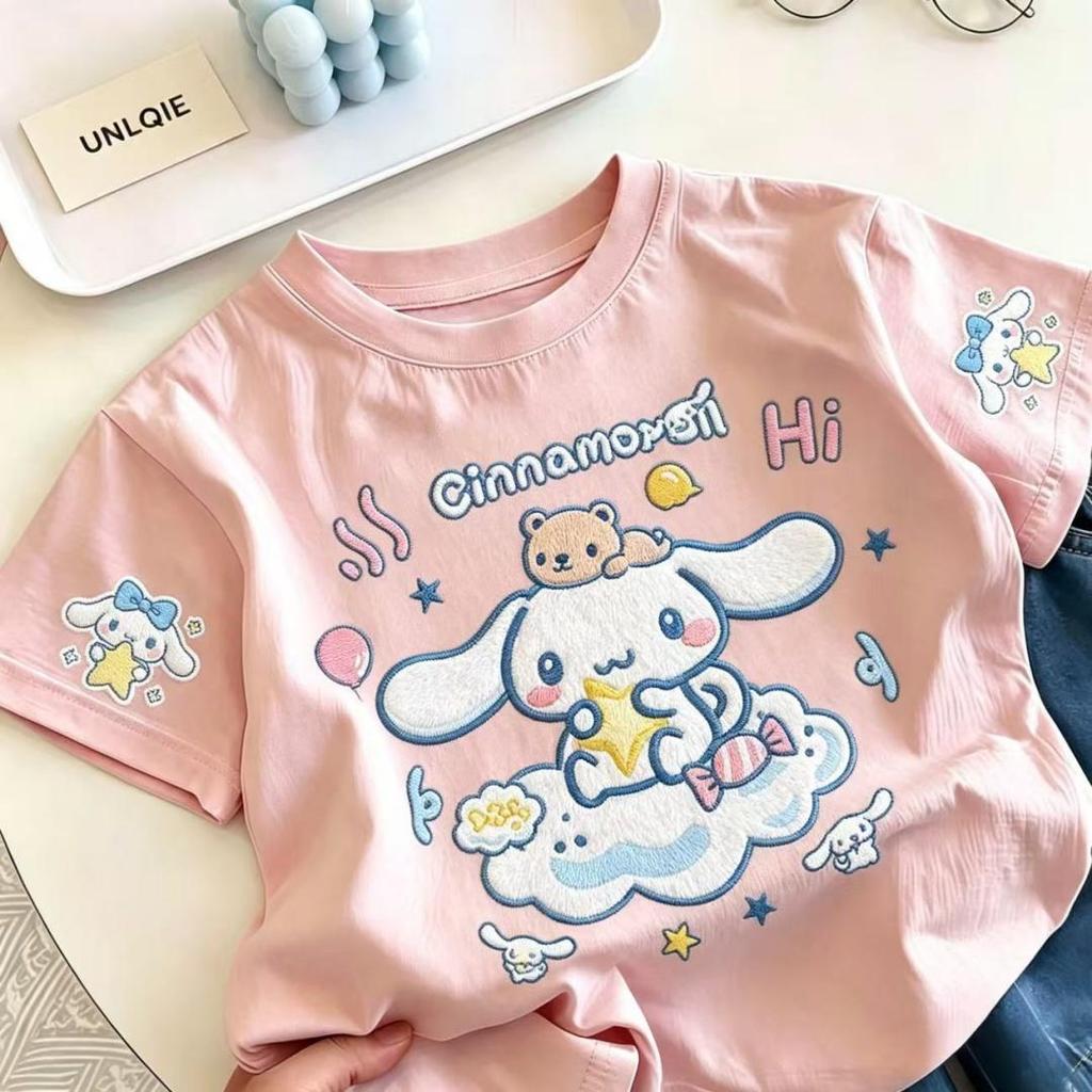 Pebbi Baby เสื้อยืดเด็กฤดูร้อนรุ่นใหม่ ลายปัก Cinnamoroll ชินนามอนโรล ซานริโอ้ ผ้าฝ้ายแท้100% นุ่มสบาย เสื้อแขนสั้นเด็กผ