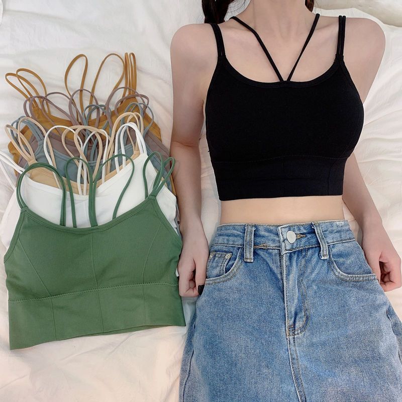 W9038-การออกแบบสาวร้อนหวานรู้สึก Double Cross Halter Camisole พร้อมแผ่นรองหน้าอกสั้น Bottoming Top