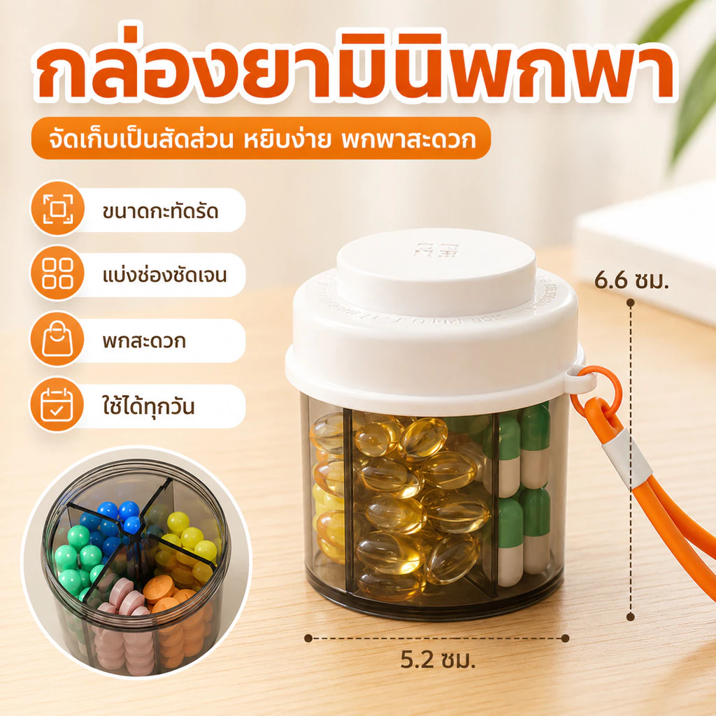 LunaHome กล่องเก็บยา 4 ช่อง พร้อมแหวนซีล กล่องยาหมุนได้ กล่องยาแบบพกพา กล่องบรรจุยาปิดผนึก COD