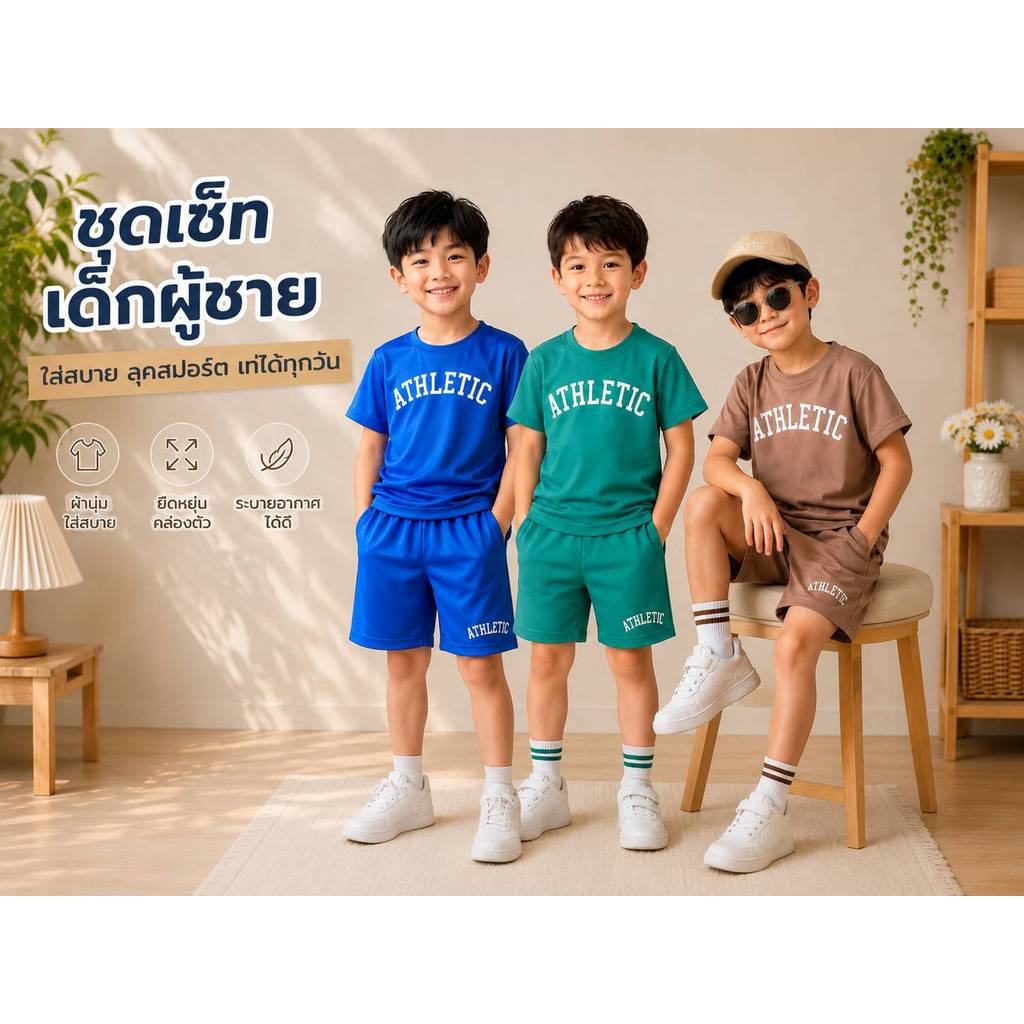 เสื้อคอกลม+กางเกงขาสั้น เด็กชาย ไม่อับเหงื่อแม้แดดร้อน พร้อมส่งในไทย