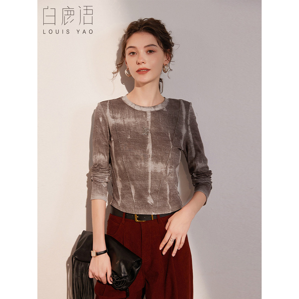 Bai Luyu แฟชั่น Tie-Dye พิมพ์ฤดูใบไม้ร่วงรอบคอสามมิติ Segment Slim-fit แขนยาวผู้หญิง