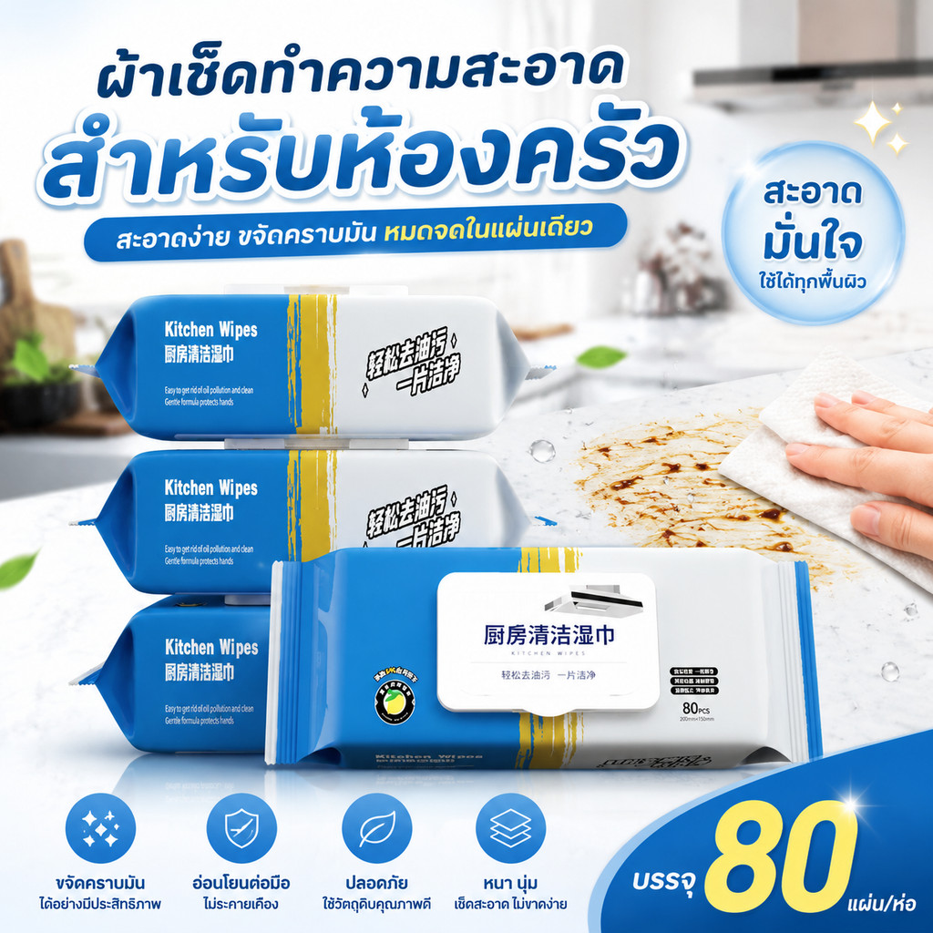80 แผ่น แผ่นทำความสะอาดครัว ทิชชู่เปียกทำความสะอาด มีฟองในตัว กลิ่นเลมอน ผ้าทำความสะอาดทั่วไป มีฟองในตัว เช็ดคราบมัน