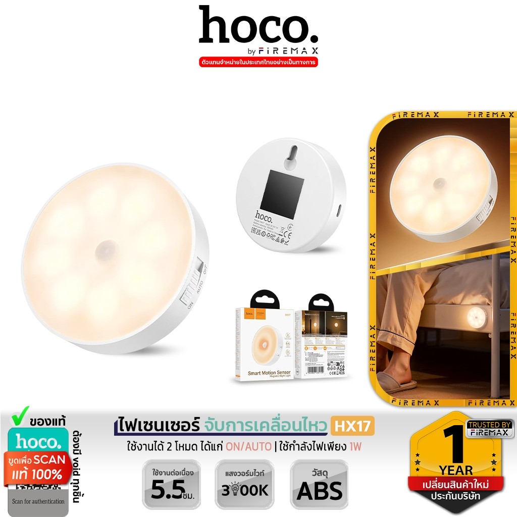 HOCO HX17 ไฟกลางคืน เซ็นเซอร์ตรวจจับความเคลื่อนไหว แม่เหล็กติดผนัง แสงวอร์ม 3000K ไฟเซ็นเซอร์ Magnetic Night Light hc6