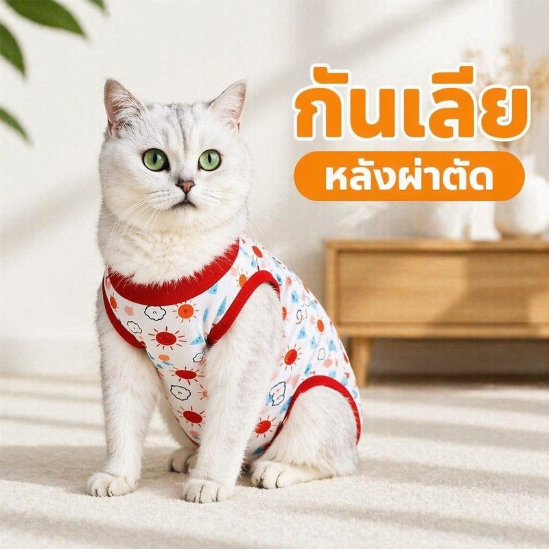 เสื้อกันเลียหลังผ่าตัดแมว ชุดพักฟื้นแมว ผ้าคอตตอนนุ่ม ระบายอากาศ ป้องกันแผล ซิป ตีนตุ๊กแก