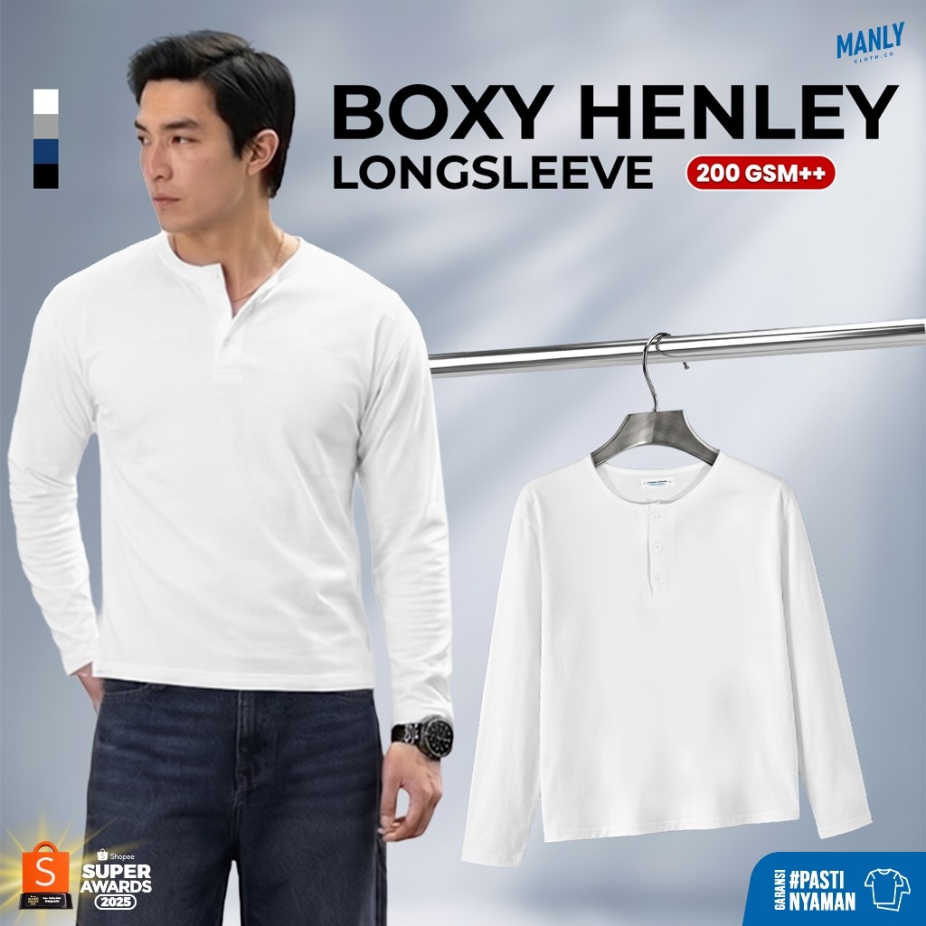 Henley Boxy Longsleeves เสื้อยืดผู้ชาย Henley Cotton Combed 200 GSM+