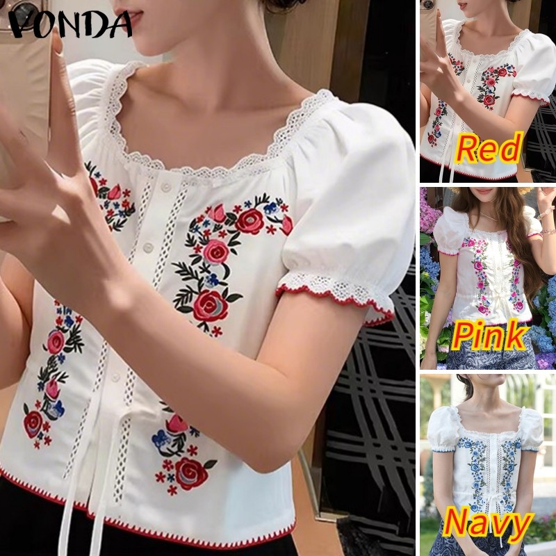 VONDA ผู้หญิงเกาหลีโรแมนติกวันหยุดสไตล์สแควร์คอพัฟแขน Tie-Up ดอกไม้พิมพ์เสื้อหวาน — صورة 3