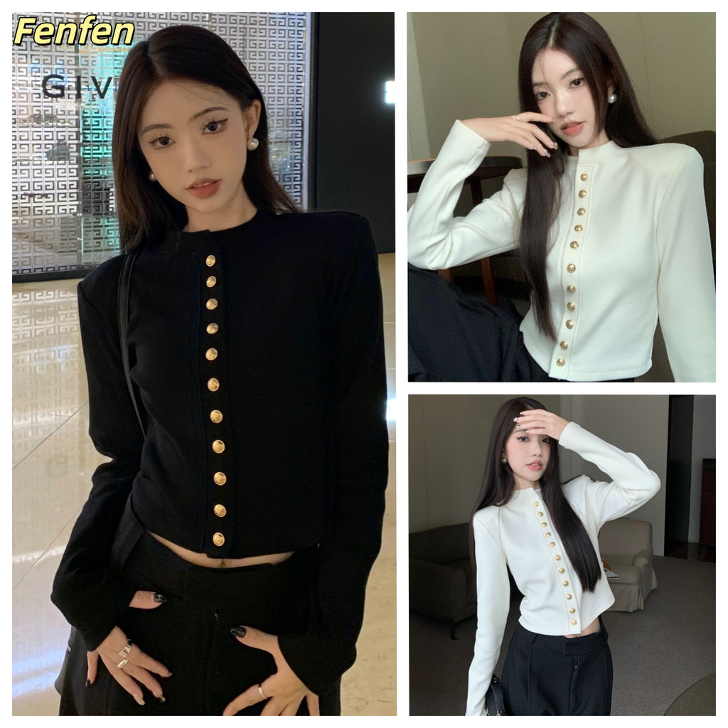 ฤดูใบไม้ร่วงถักคาร์ดิแกนออกแบบปุ่มโลหะแขนยาวสั้นด้านบน จุดต่ําสุด เสื้อ