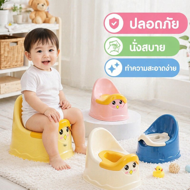กระโถนเด็ก กระโถนฝึกขับถ่าย แบบพกพา พนักพิงหลังกันล้ม พลาสติกพีพี ปลอดบีพีเอ