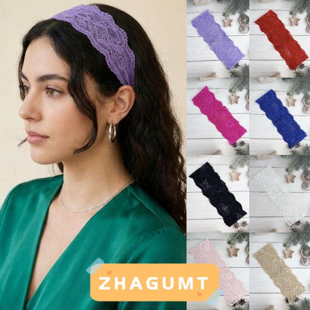 ZHAGUMT366KB ผ้าโพกศีรษะลูกไม้,น้ําหนักเบาตาข่ายที่คาดผมลูกไม้,แฟชั่นHollow-OutสีทึบElegant HeadwrapหมวกLady Girls Headwear