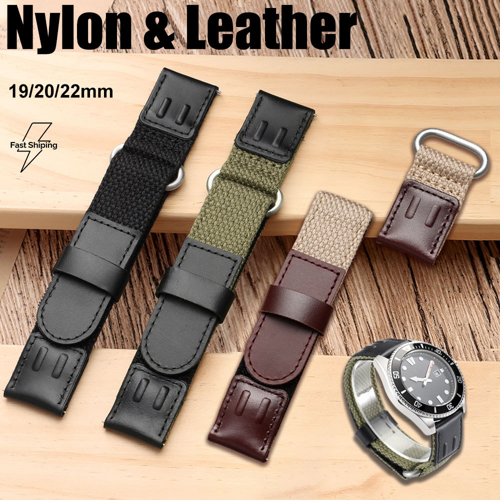 สไตล์ทหารไนลอน Cowhide สายนาฬิกาอัจฉริยะ 19/20/22 มม. Quick Release Breathable ผ้าใบทนทานหนังแท้นาฬิกาสปอร์ต
