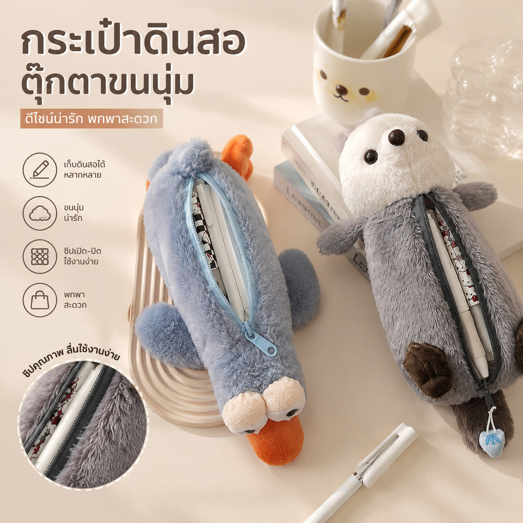 กระเป๋าใส่ดินสอขนนุ่ม ตุ๊กตาน่ารัก สไตล์เกาหลี กระเป๋าเครื่องเขียนสำหรับนักเรียน พกพาสะดวก A00168