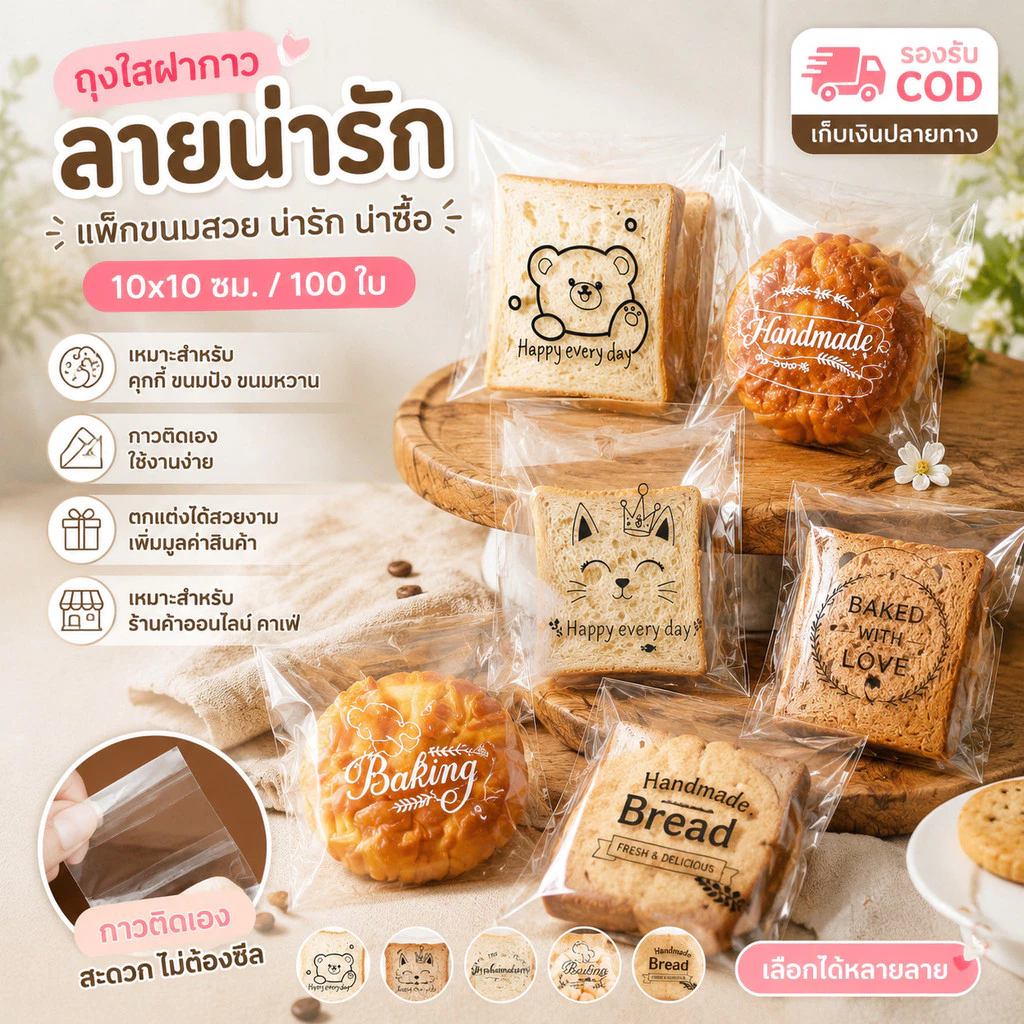 ถุงขนมปังฝากาว 15×18+3 ซม. 100 ใบ/แพ็ค ลายน่ารัก ถุงเบเกอรี่ ถุงคุกกี้ ถุงขนม