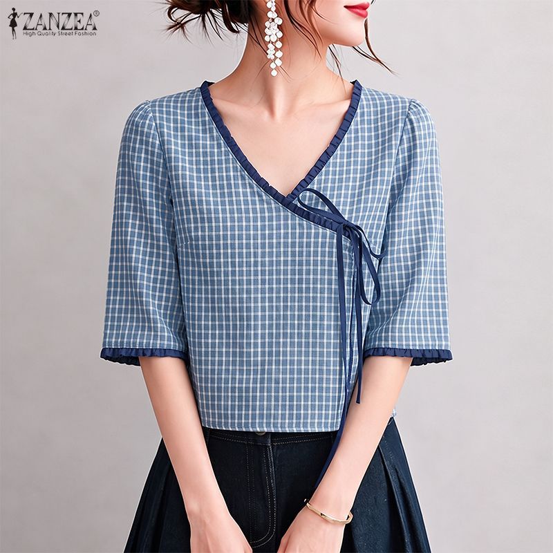 ZANZEA ผู้หญิงเกาหลีวินเทจ V คอกลางแขนด้านข้าง Tie-Up Contrast Edge Checkered เสื้อเบลาส์ — صورة 5