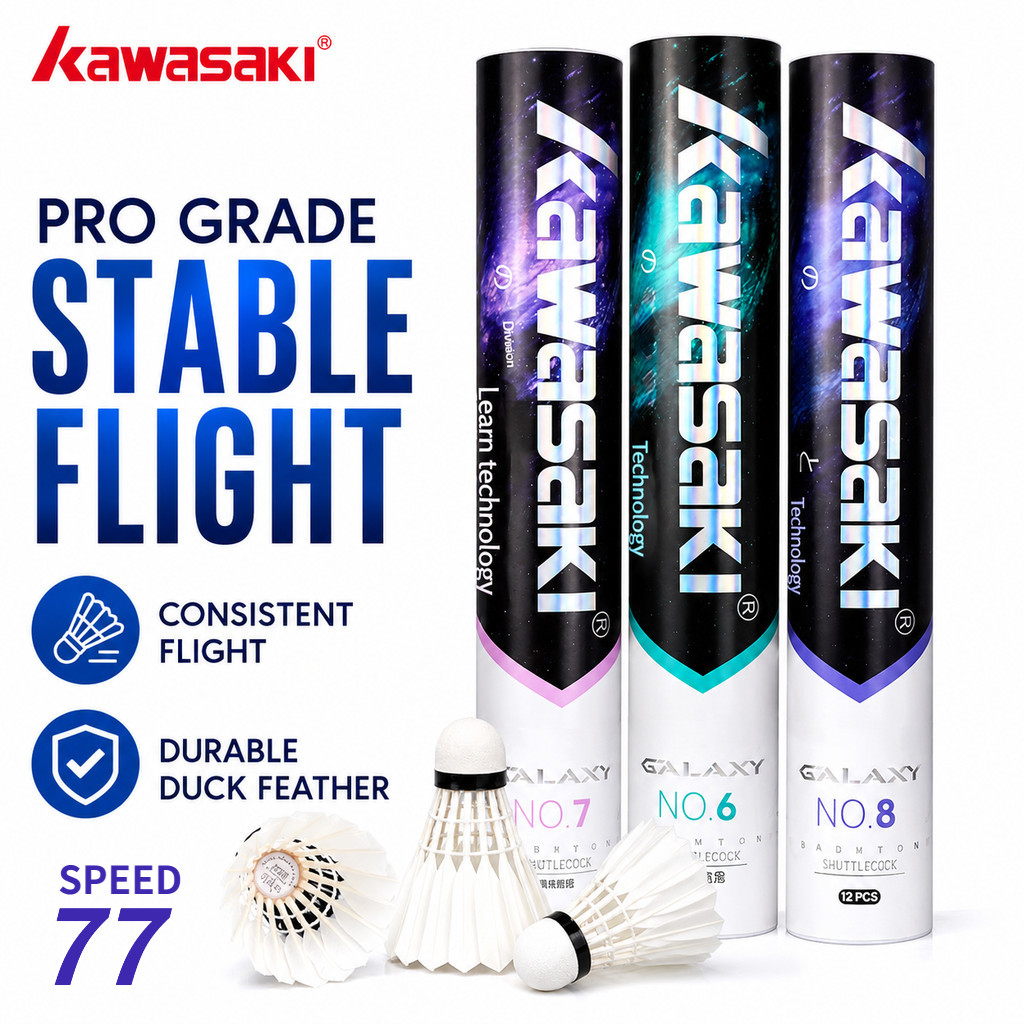 ลูกขนไก่ Kawasaki Galaxy Speed 77 ขนเป็ด 12 ลูก บินนิ่ง ทนทาน สำหรับซ้อม แข่งขัน ลูกแบด คุณภาพสูง