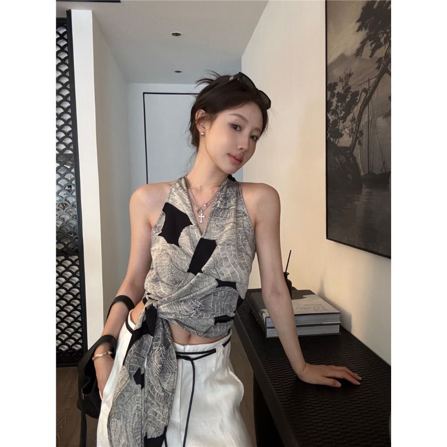 [Woven Check] Retro พิมพ์ Cross v คอ Halter Camisole ผู้หญิงฤดูร้อน Laced-Up Slim-Fit Top