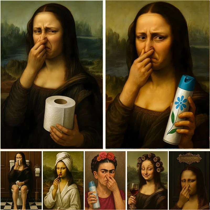 Mona Lisa ตลกห้องน้ําผ้าใบภาพวาดโปสเตอร์ Vintage บทคัดย่อ Art รูป Washroom Wall รูปภาพ