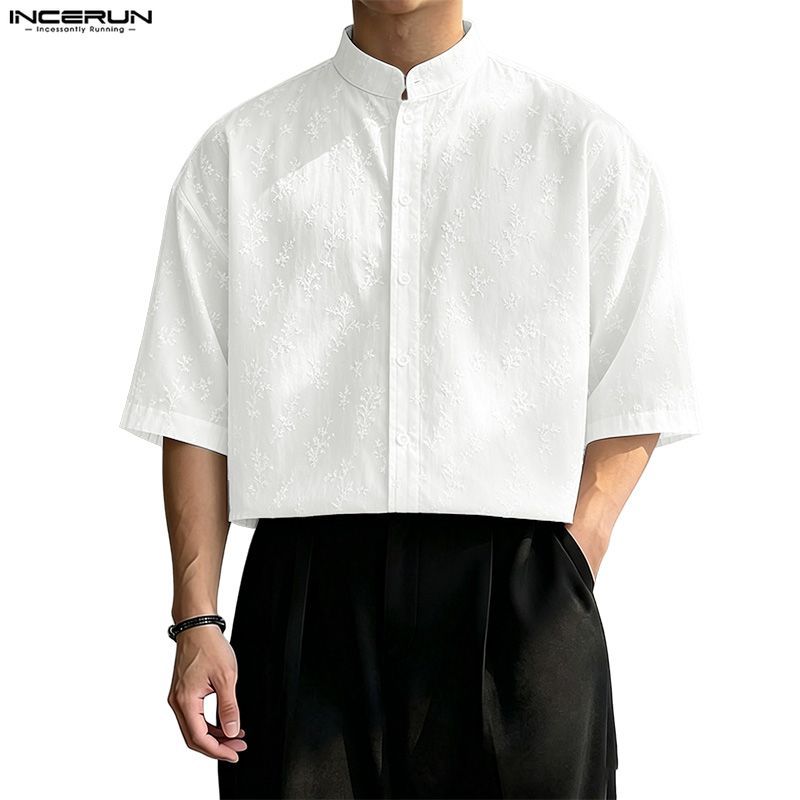 INCERUN Men Korean Neo Chineses Stand Neck Short Sleeve Jacquard Floral Print Button Up Shirts