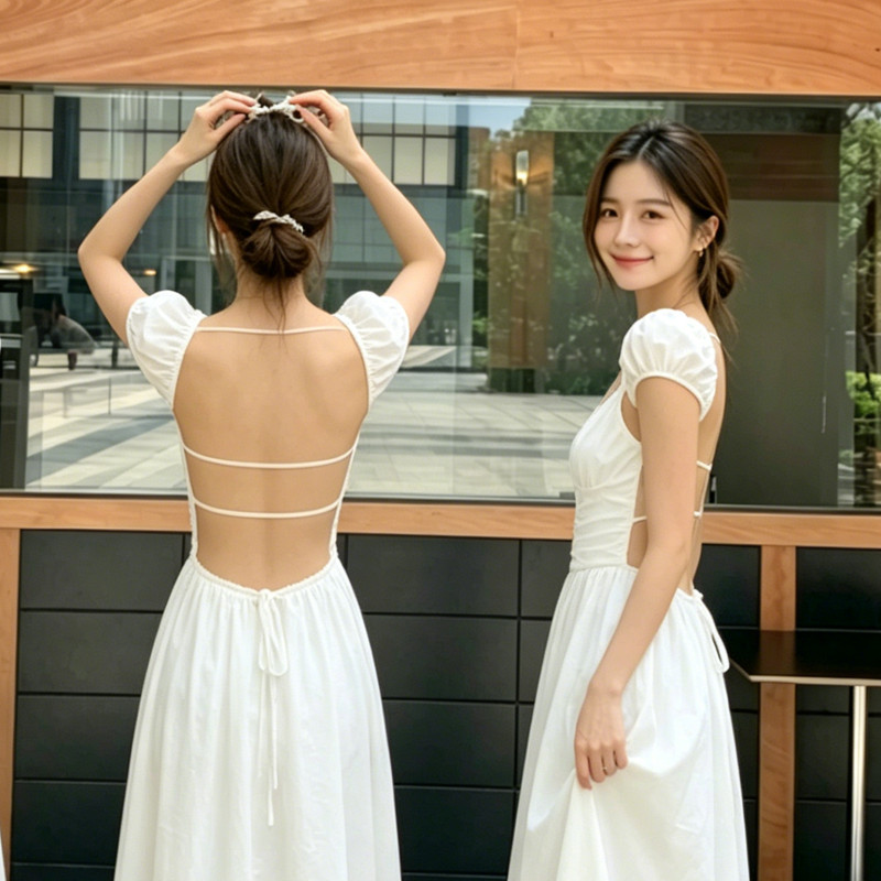 จีบพัฟแขนเชือกแขวนคอกระโปรงยาวเอวแคบ