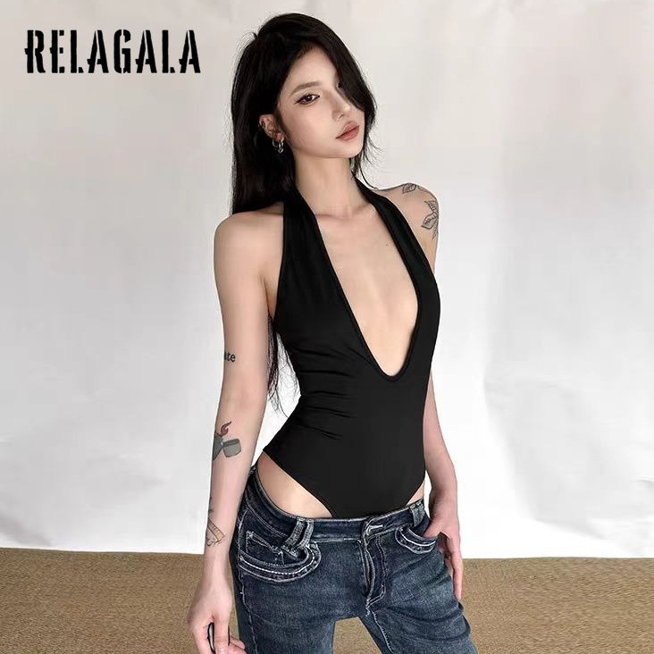 RELAGALA ผู้หญิง 2026 ใหม่สีทึบเซ็กซี่คอวีลึกแฟชั่น Halter บอดี้สูท — صورة 6