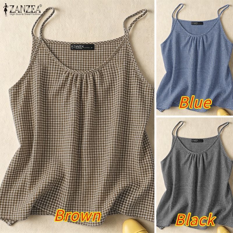 ZANZEA ผู้หญิงฤดูร้อนเกาหลี Retro V คอลายสก๊อตแขนกุด Holiday Beach Casual Camisole & Tube — صورة 3