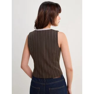 [Pomelo] เสื้อกั๊กเข้ารูปลายทางดีเทลขอบลูกไม้ / Pinstripe Vest with Lace Trim Detail