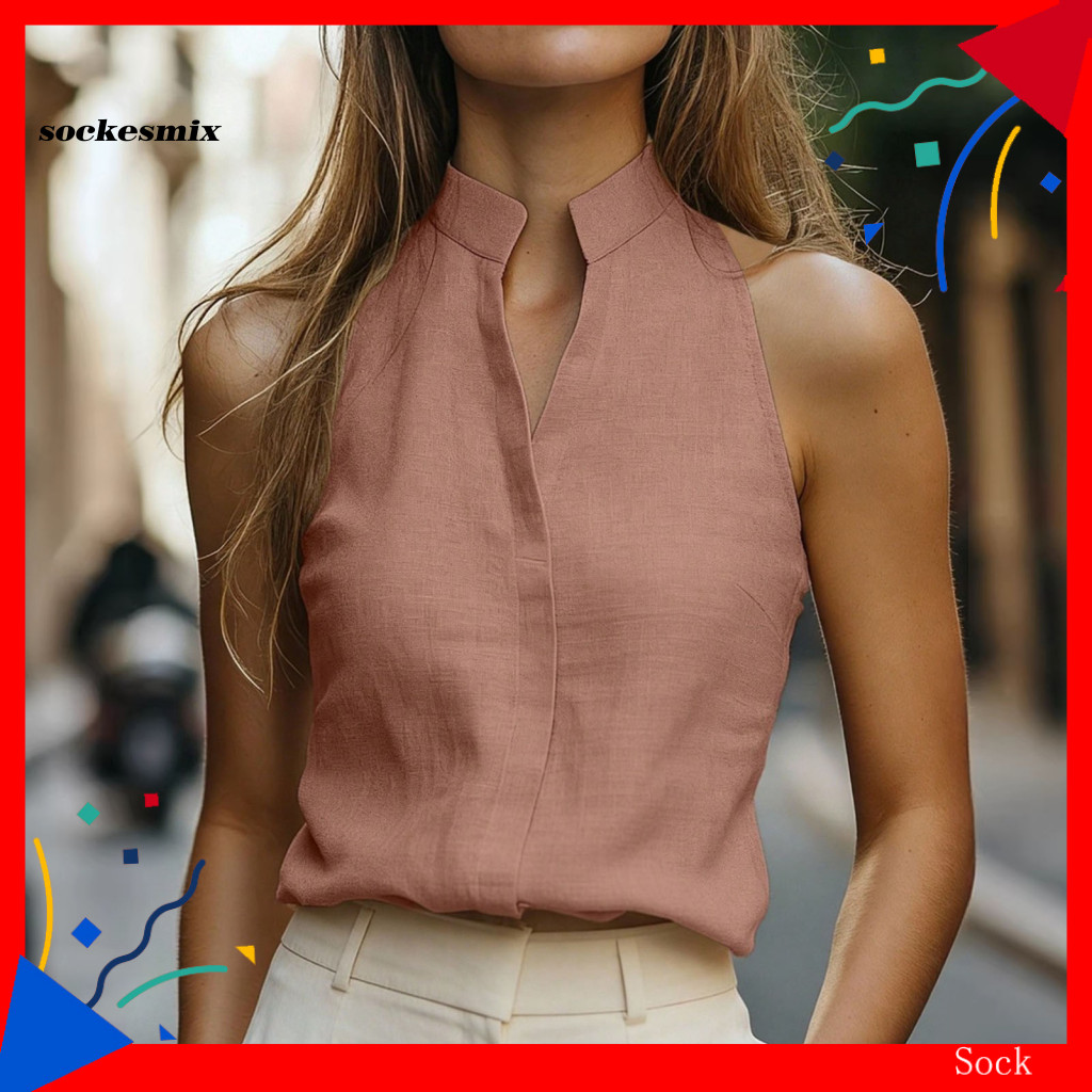 SX Everyday Wear Women Tops Soft Tops Womens Stand Collar Slim Fit Shirt Top – Pure Color Summer Blo