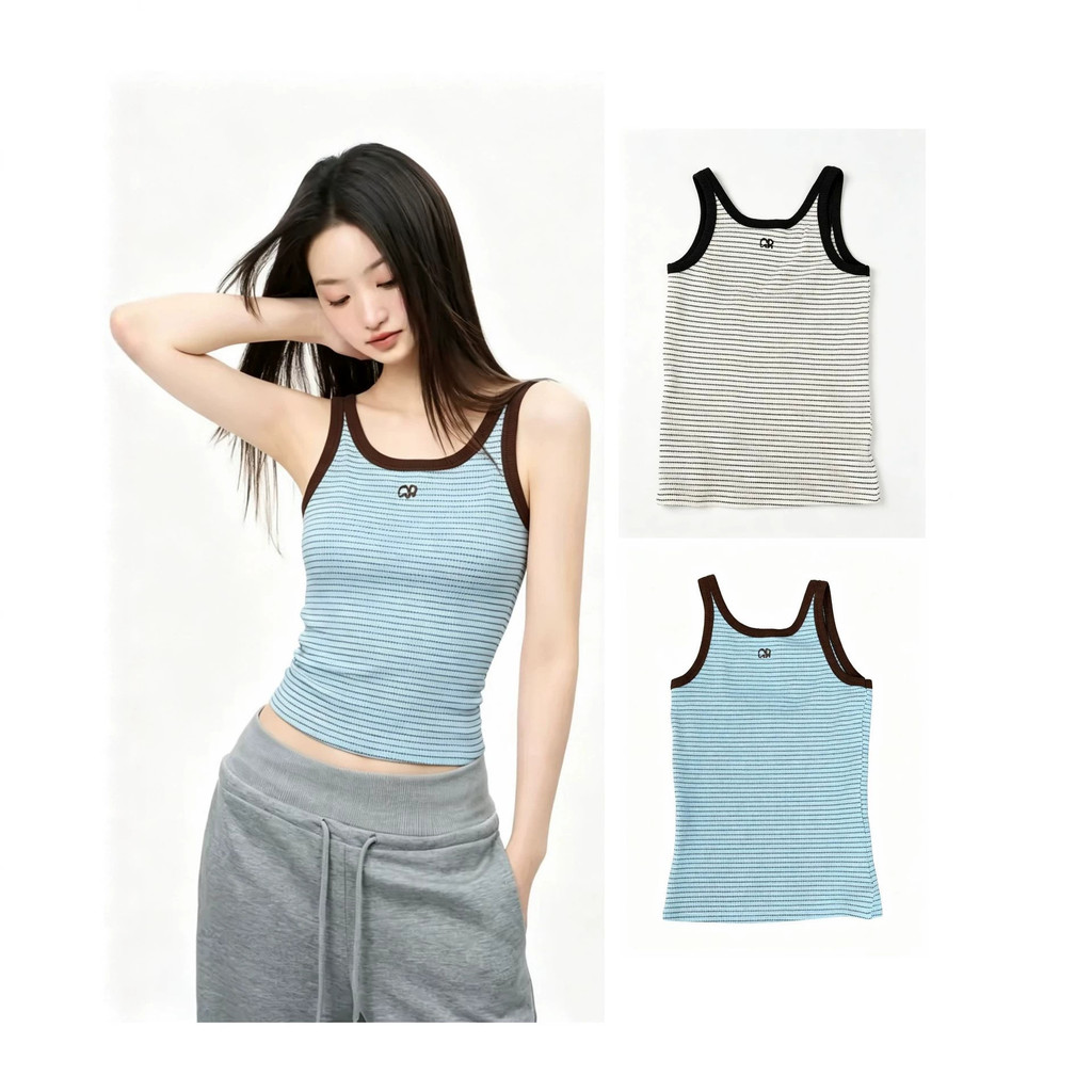 3AOQ Grove ฤดูร้อนสไตล์ใหม่สาวร้อน Camisole U-คอลายกีฬา All-Match Slim-fit สวมใส่ด้านนอกเสื้อกั๊กด้า