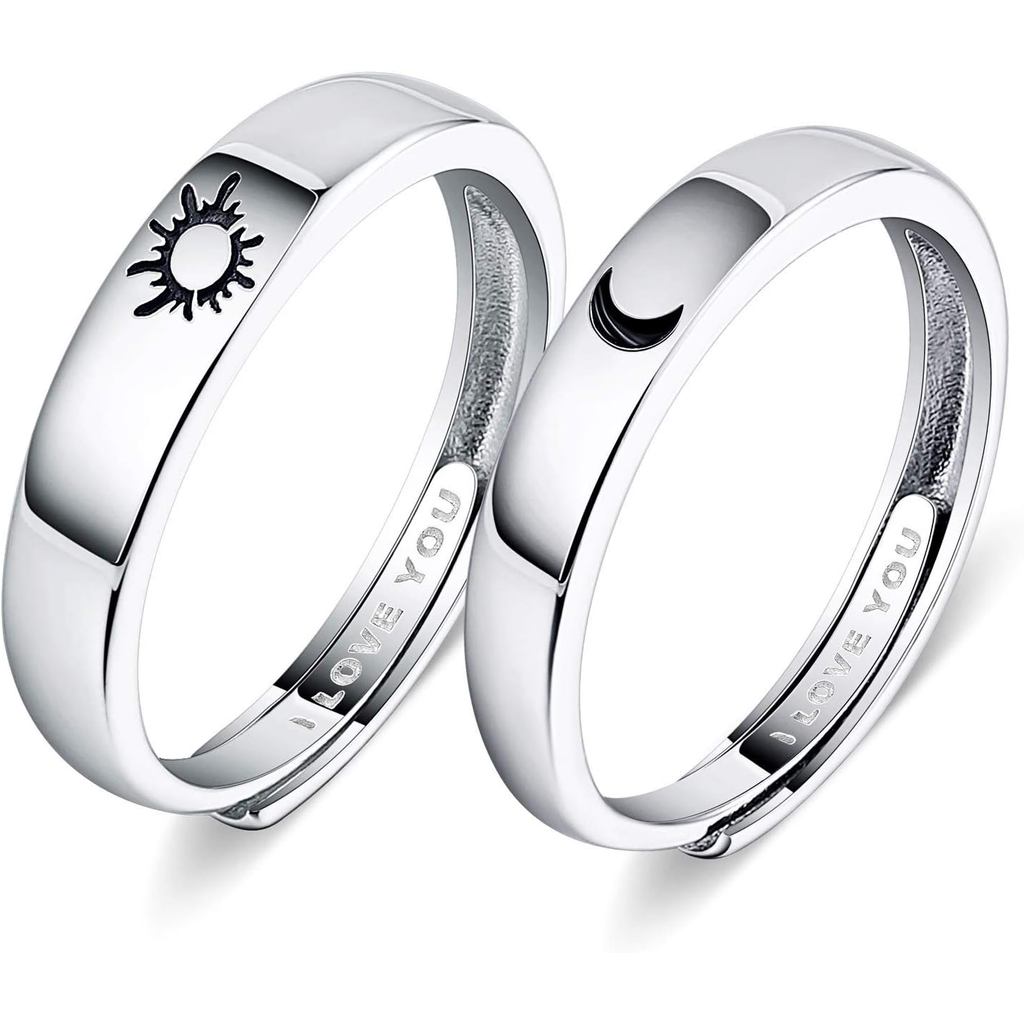 Beydodo 925 Siler แหวนที่กําหนดเองปรับ Sun และ Moon การจับคู่แหวนแกะสลัก I Loe คุณคู่แหวนงานแต่งงาน 