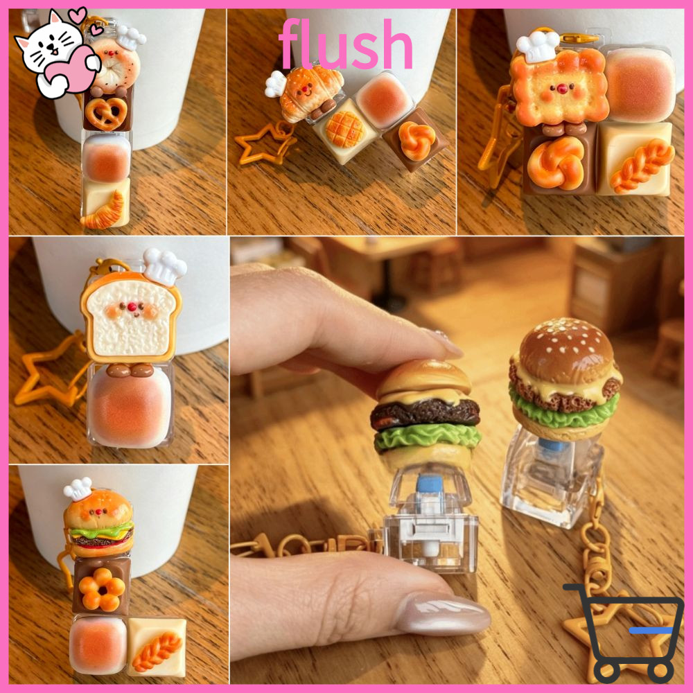 FLUSH คีย์บอร์ดพวงกุญแจจี้, Hanbarger French Fries เรซิ่น Fidget พวงกุญแจ, ของเล่นอาหารตลกพร้อมไฟการ์ตูนขนมปัง Keycap คีย์บอร์ด Clicker Pass เวลา