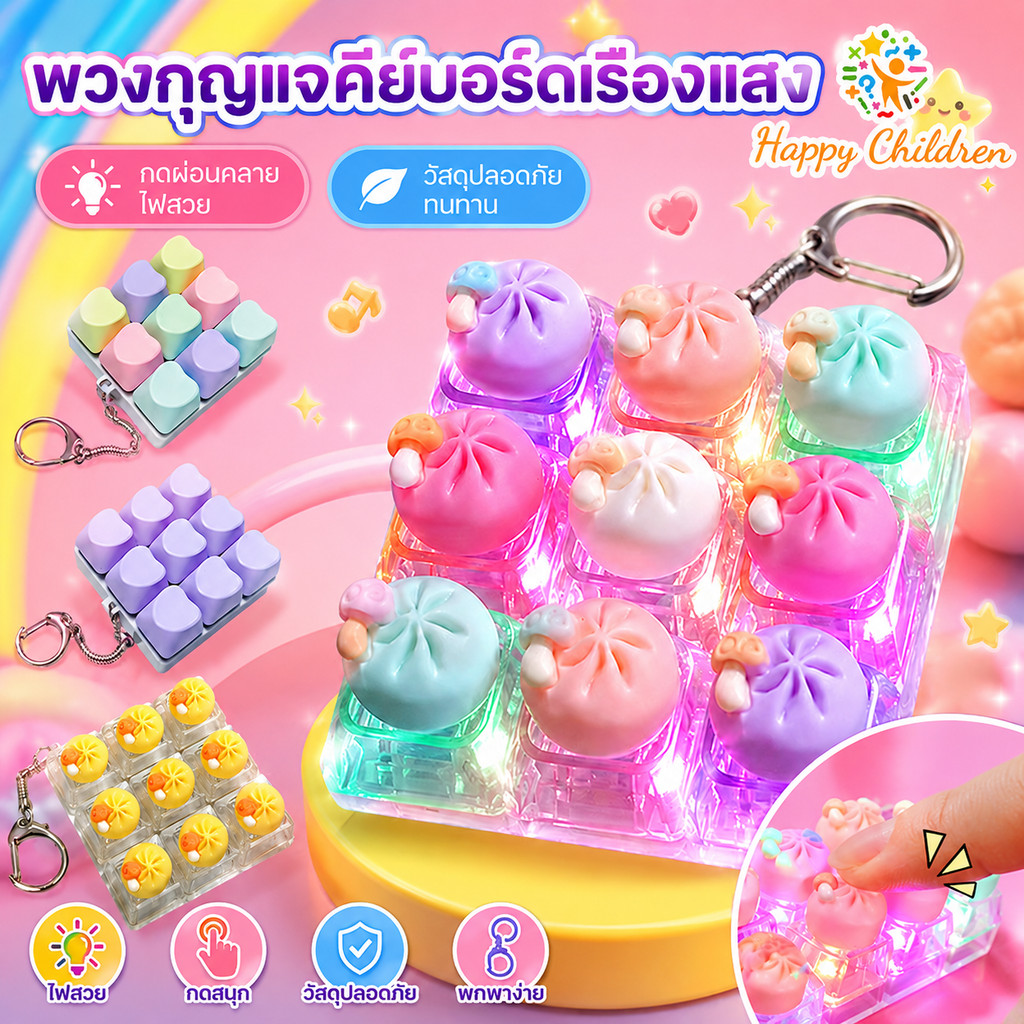 พวงกุญแจคีย์บอร์ดเรืองแสง 9 ปุ่ม  ซาลาเปาน่ารัก มีไฟ ปุ่มนิ้วบรรเทาความเครียด ของเล่นลดความเครียด ของขวัญสำหรับผู้หญิง