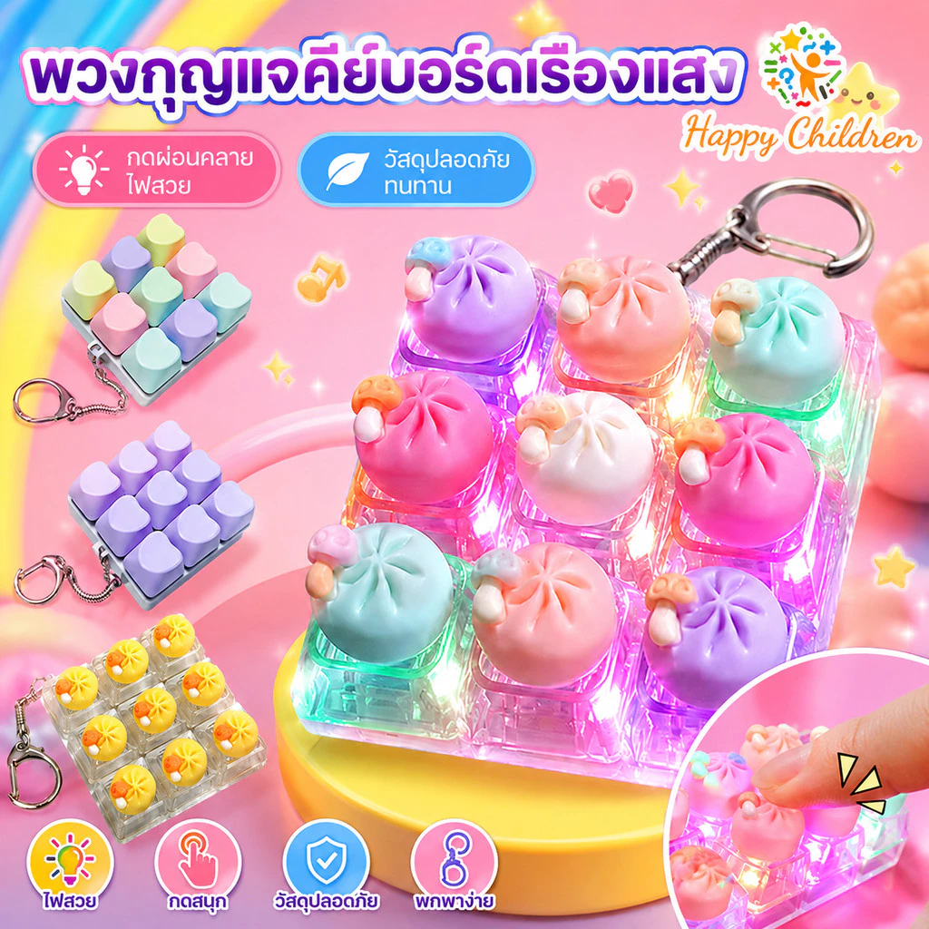 พวงกุญแจคีย์บอร์ดเรืองแสง 9 ปุ่ม ซาลาเปาน่ารัก มีไฟ ปุ่มนิ้วบรรเทาความเครียด ของเล่นลดความเครียด ของขวัญสำหรับผู้หญิง
