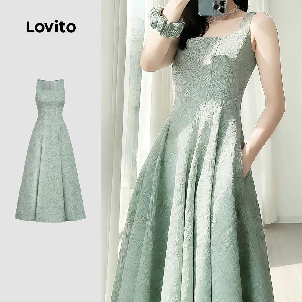Lovito เดรสทรงสวย มีกระเป๋า ดีไซน์เรียบหรู สำหรับฤดูใบไม้ผลิ/ฤดูร้อน สีเขียว สำหรับผู้หญิง เกาหลี อินเทรนด์ L177AD106