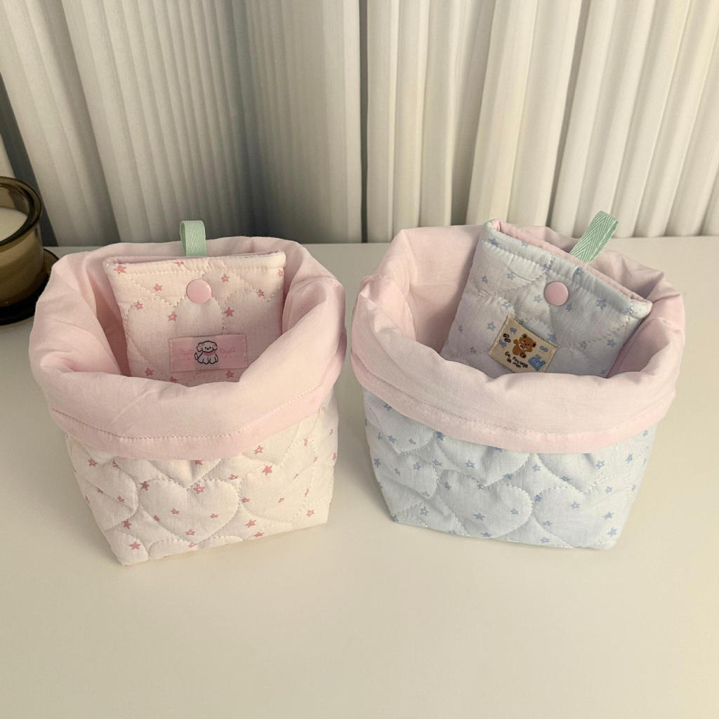 สไตล์เกาหลี ins สีชมพู Blue Love Polka Dot ตะกร้าเก็บผ้านวม Desktop Storage Quilted Cotton Desk Goods ที่เก็บผ้า
