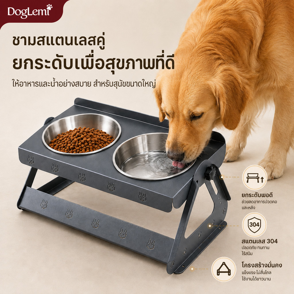 【DogLemi】ชามอาหารหมา ชามอาหารแมว ชามสแตนเลสคู่ ยกสูง ป้องกันหก ถ้วยอาหารสัตว์เลี้ยง ถอดล้างได้ ฐานมั่นคง
