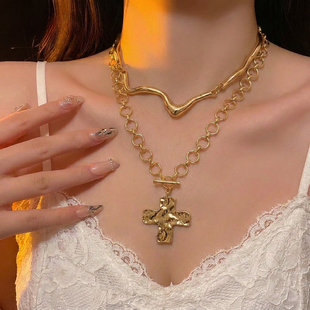 Gmai เรขาคณิต Cross Liquid Lava โลหะ Choker OT Clasp สร้อยคอ 2 ชิ้นชุด Vintage Goth Streetwear Party