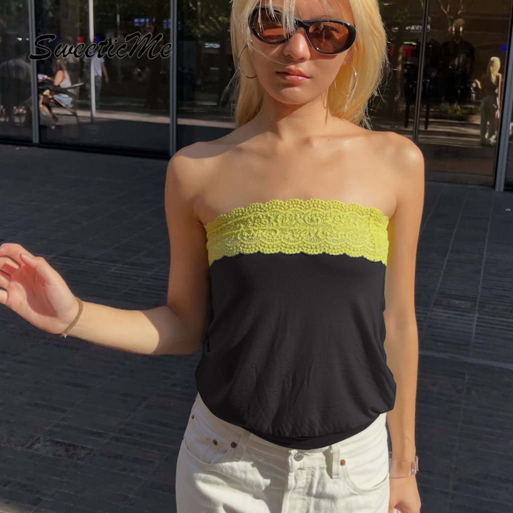 SweeticMe ผู้หญิง 2026 ใหม่แฟชั่นลูกไม้ Splicing Contrast สี Tube Tops — صورة 6