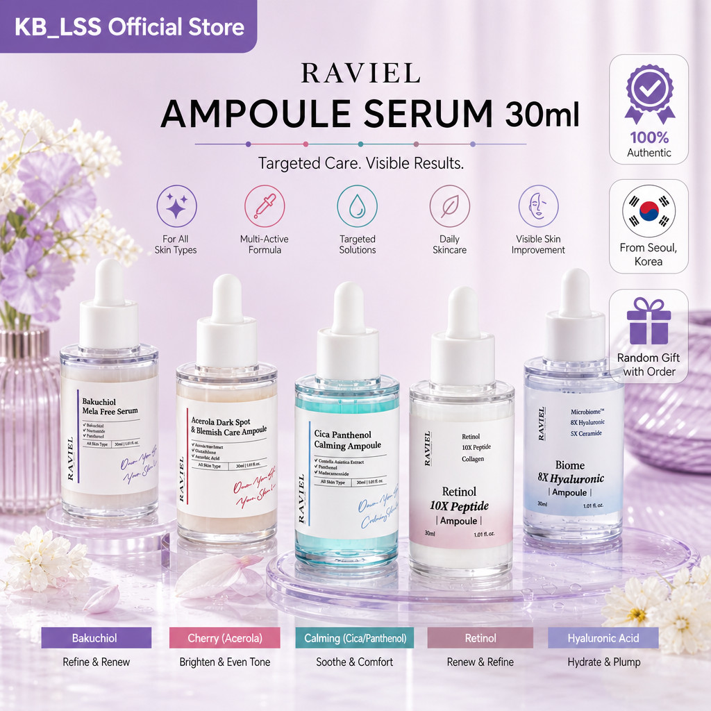 RAVIEL Ampoule Serum 30ml - Bakuchiol, Cherry, Calming, Retinol, Hyaluronic Acid - สําหรับทุกสภาพผิว