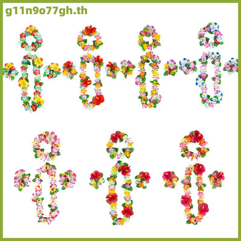 GNH ชุดฮาวายดอกไม้ Leis 4ชิ้นสร้อยคอสร้อยข้อมือคาดศีรษะสร้อยข้อมือปาร์ตี้ชายหาดตกแต่ง
