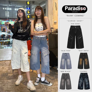 Paradise | XS-2XL | กางเกงคาโก้ 5 ส่วน ทรงคาร์โก้ ผ้ายีนส์ฟอก ดีไซน์เท่ Men - Women Unisex ใส่ได้ทั้ง ผู้ชาย และ ผู้หญิง