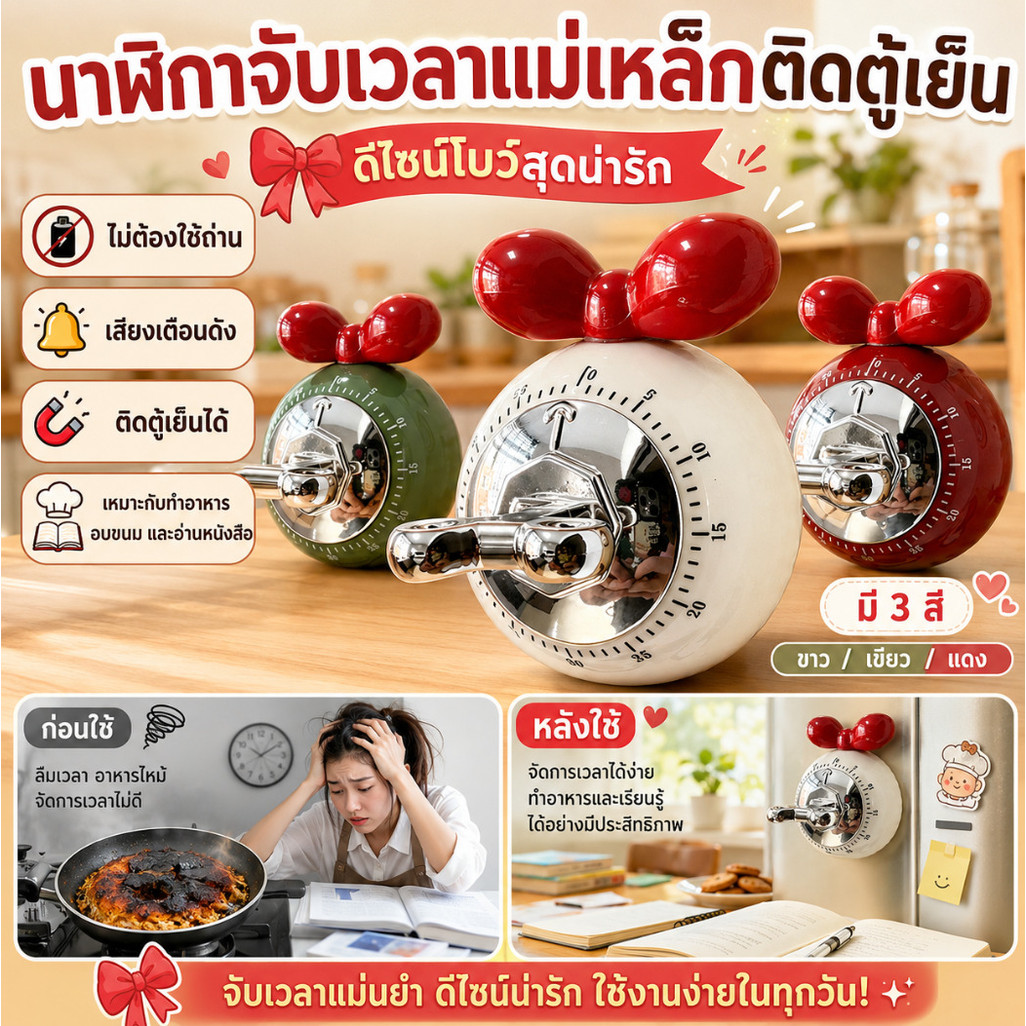 น่ารัก นาฬิกาจับเวลาในครัว/แม่เหล็กติดตู้เย็น/โบว์/เครื่องจับเวลาทำอาหาร/ตัวจับเวลาอบขนม/กลไกไม่ต้องใช้ถ่าน/เสียงเตือนดัง ติดง่าย ใช้งานสะดวก เหมาะสำหรับทำอาหาร อบขนม และเรียน