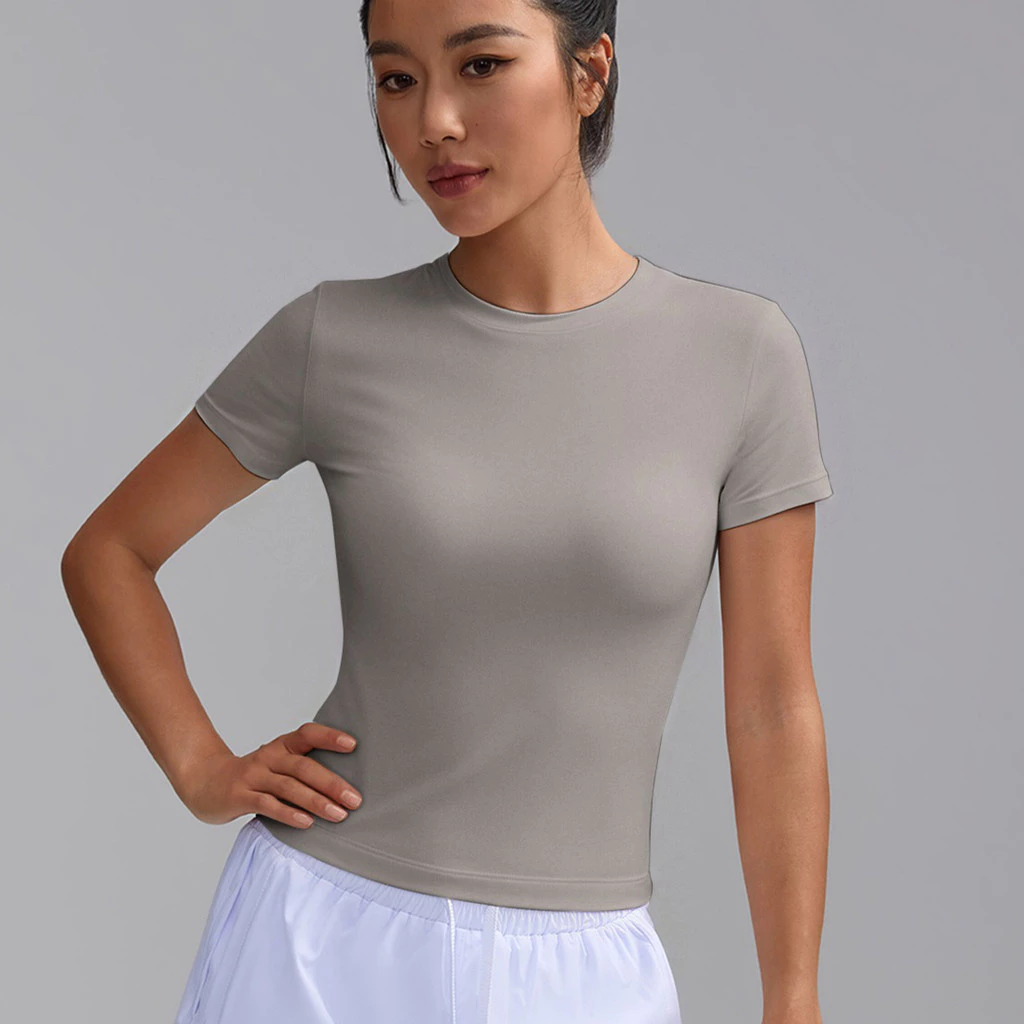 【Yogaheal】(ไม่มีเบาะ) กีฬาผู้หญิงยืดหยุ่นสูงแห้งเร็วเสื้อยืดยิมวิ่ง