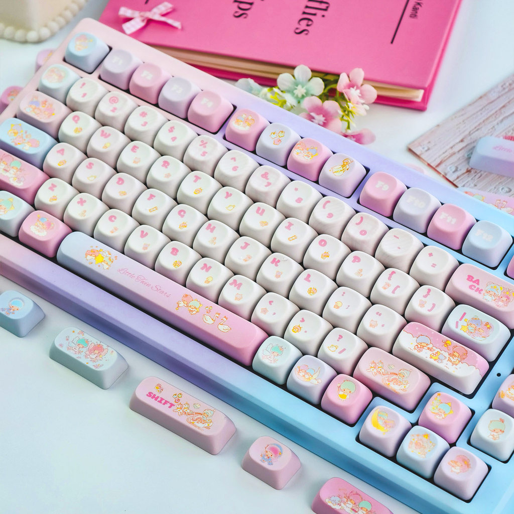 EN/TH/ZHUYIN/KR MAIMOOO Little Twin Stars Keycap MOA/Cherry Profile 120 คีย์ PBT Dye Sublimation Aula F75 รอบสีชมพูสีฟ้าGradient Keycaps น่ารักการ์ตูน Sanrio LALA